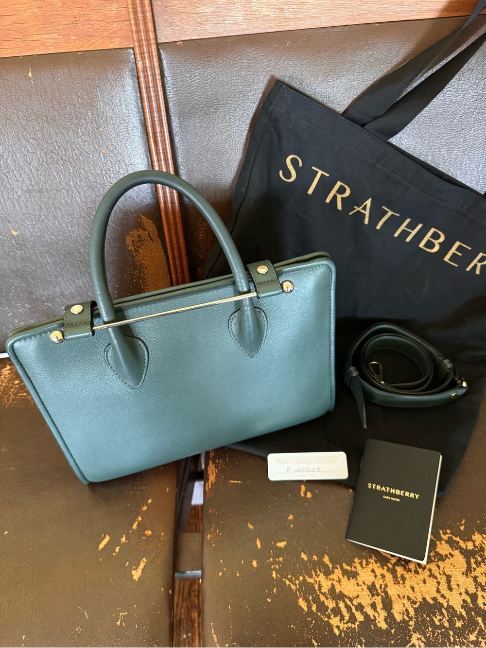 Strathberry Midi medium Tote 👜 Bottle Green Leather Top Handle Shoulder Bag $875 - Picture 7 of 16